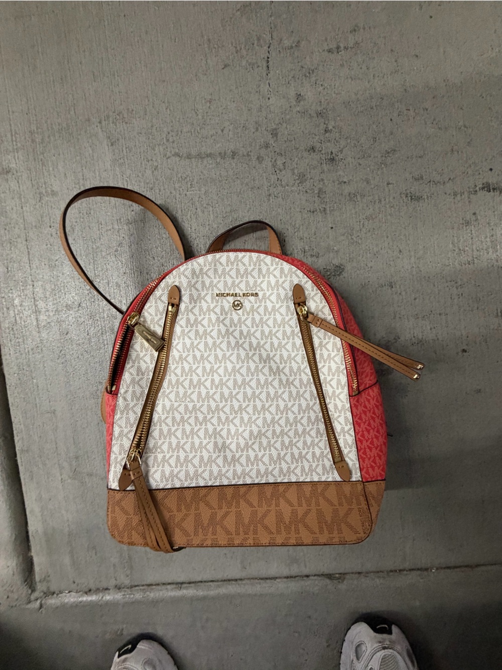 Michael Kors Colorblock Mini Backpack in White, Coral, Brown